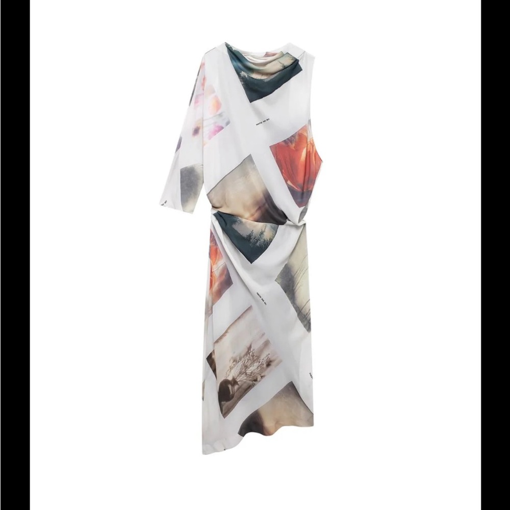 ZARA ZW COLLECTION PRINTED ASYMMETRIC DRESS Abstract Print Large NWT - Picture 2 of 10